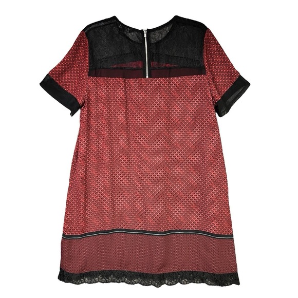 EXPRESS Dress Size Large Red‎ Black Geometric Lace Trim Short Sleeve - Picture 8 of 13